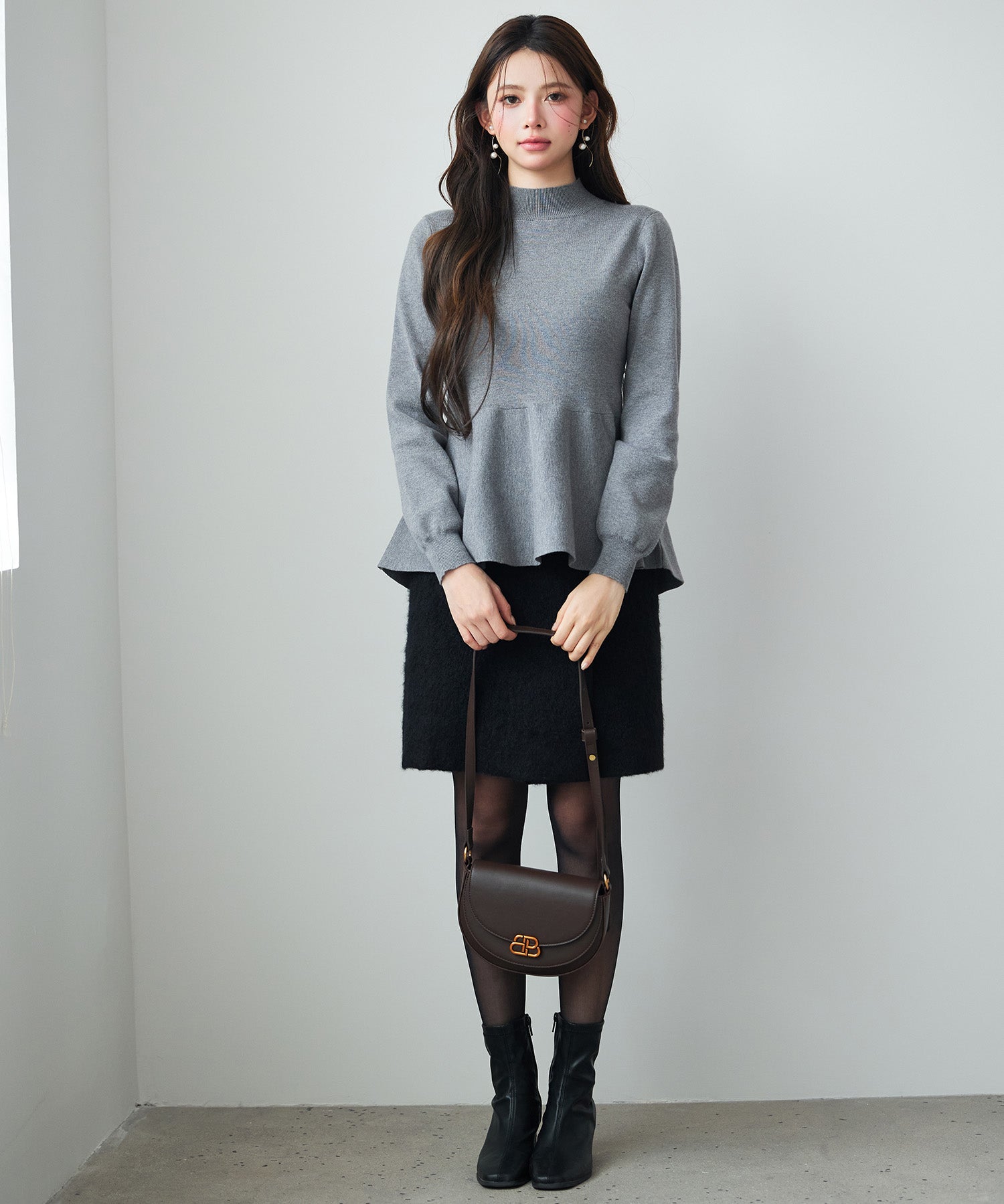 モックネックペプラムニットトップスsdp8066 グレー