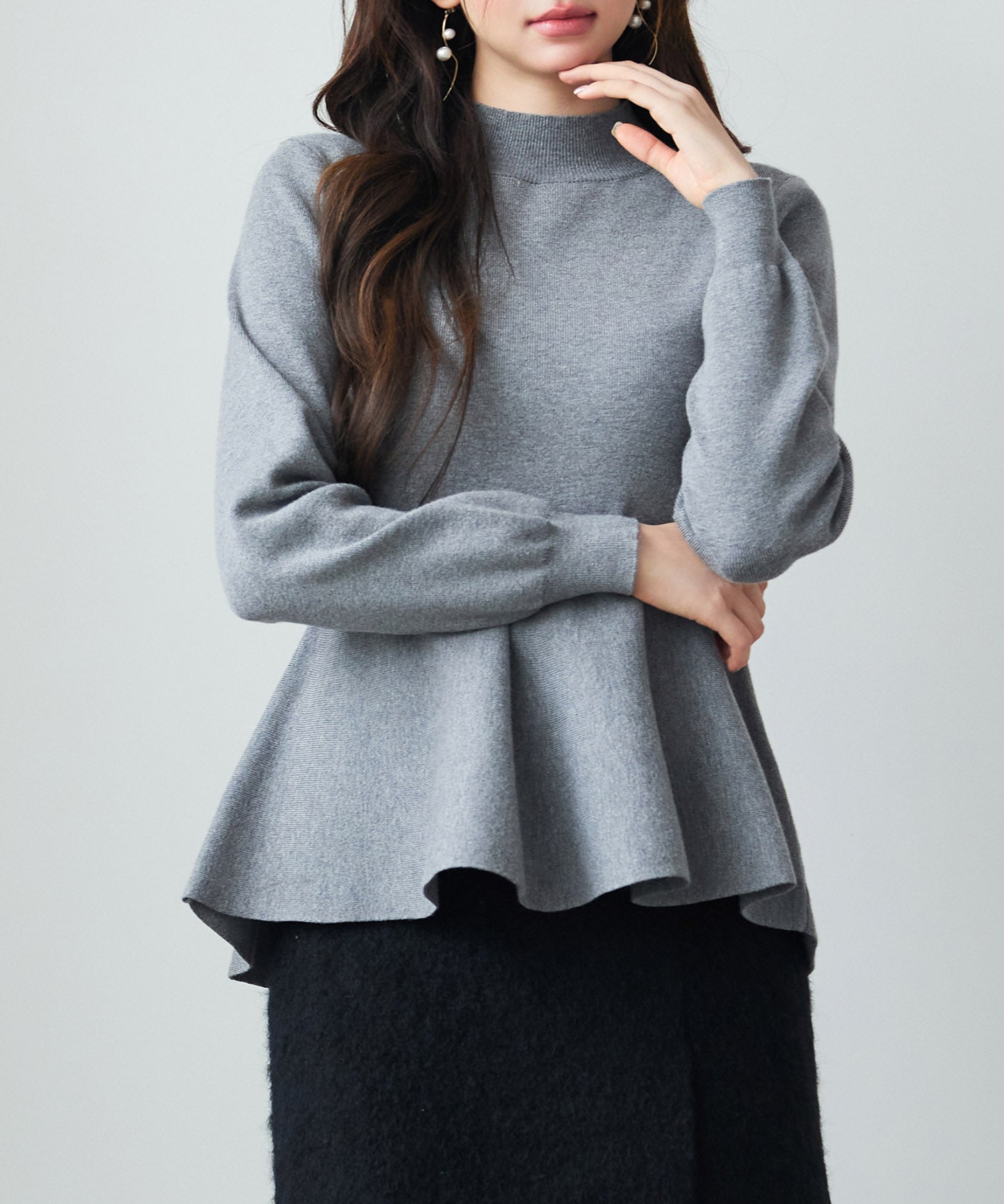 モックネックペプラムニットトップスsdp8066 グレー