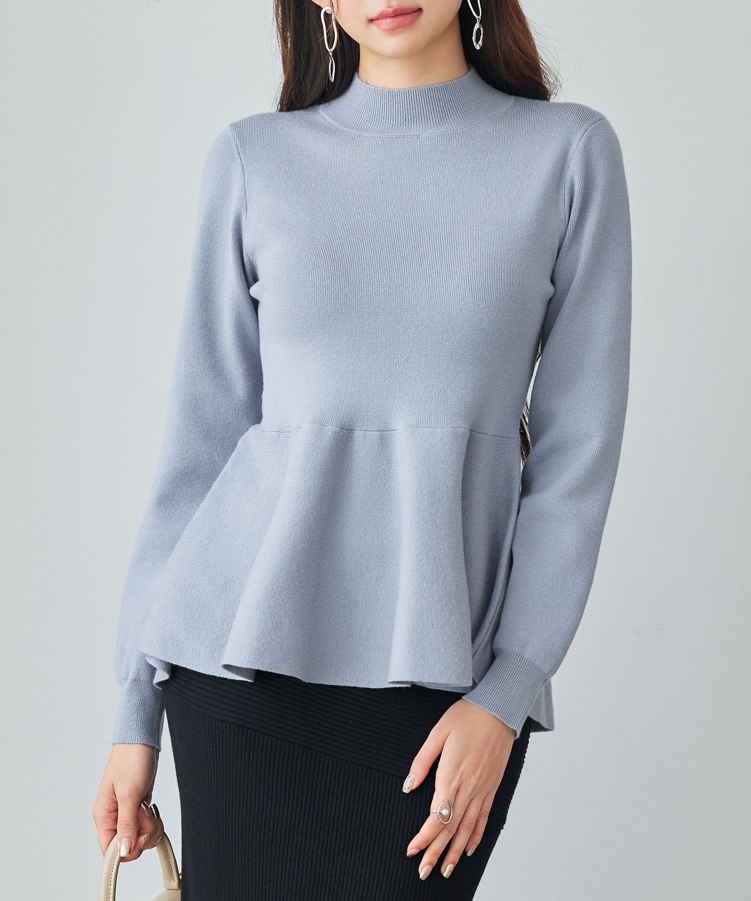 モックネックペプラムニットトップスsdp8066 ブルーグレー
