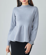 モックネックペプラムニットトップスsdp8066 ブルーグレー