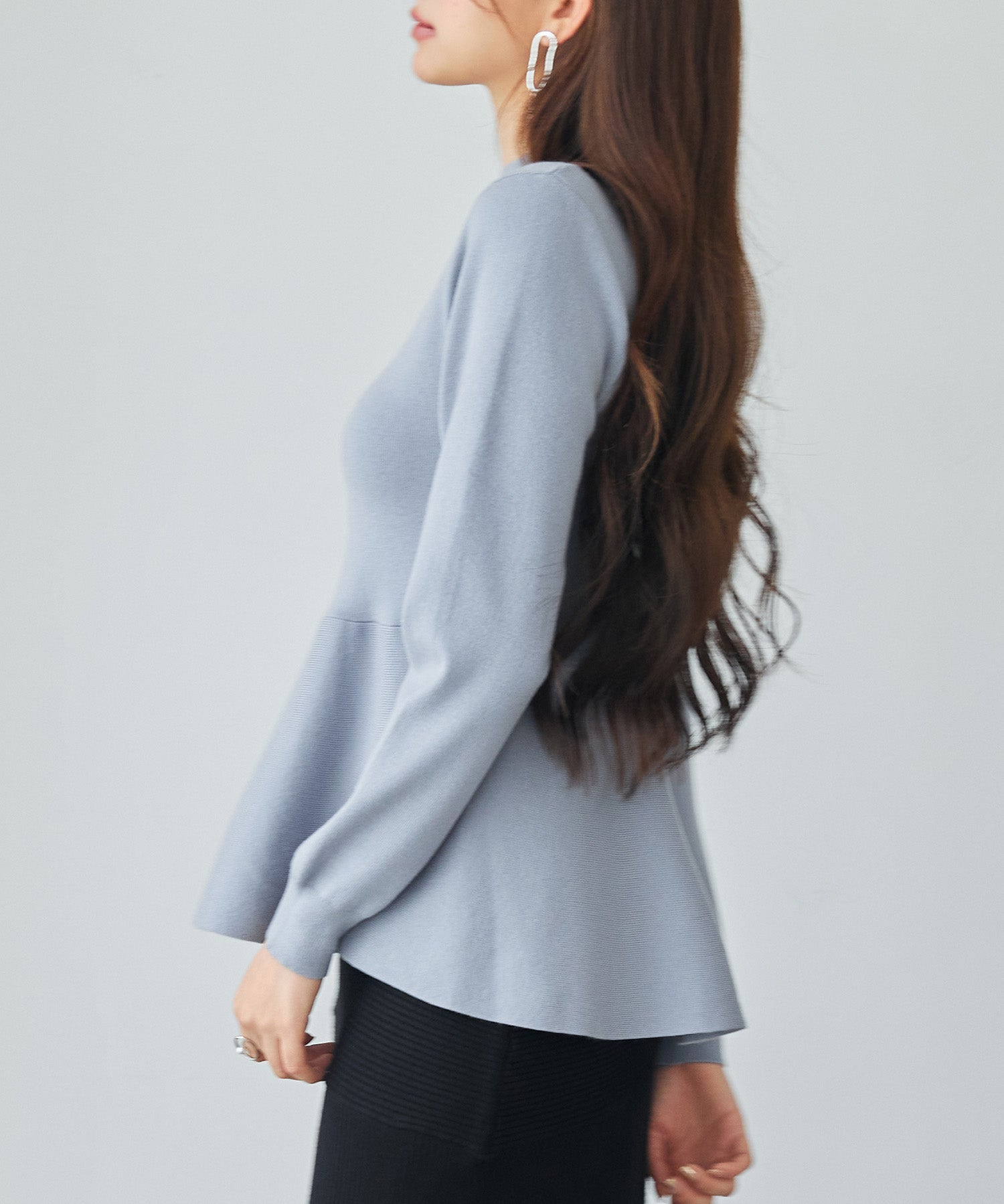 モックネックペプラムニットトップスsdp8066 ブルーグレー