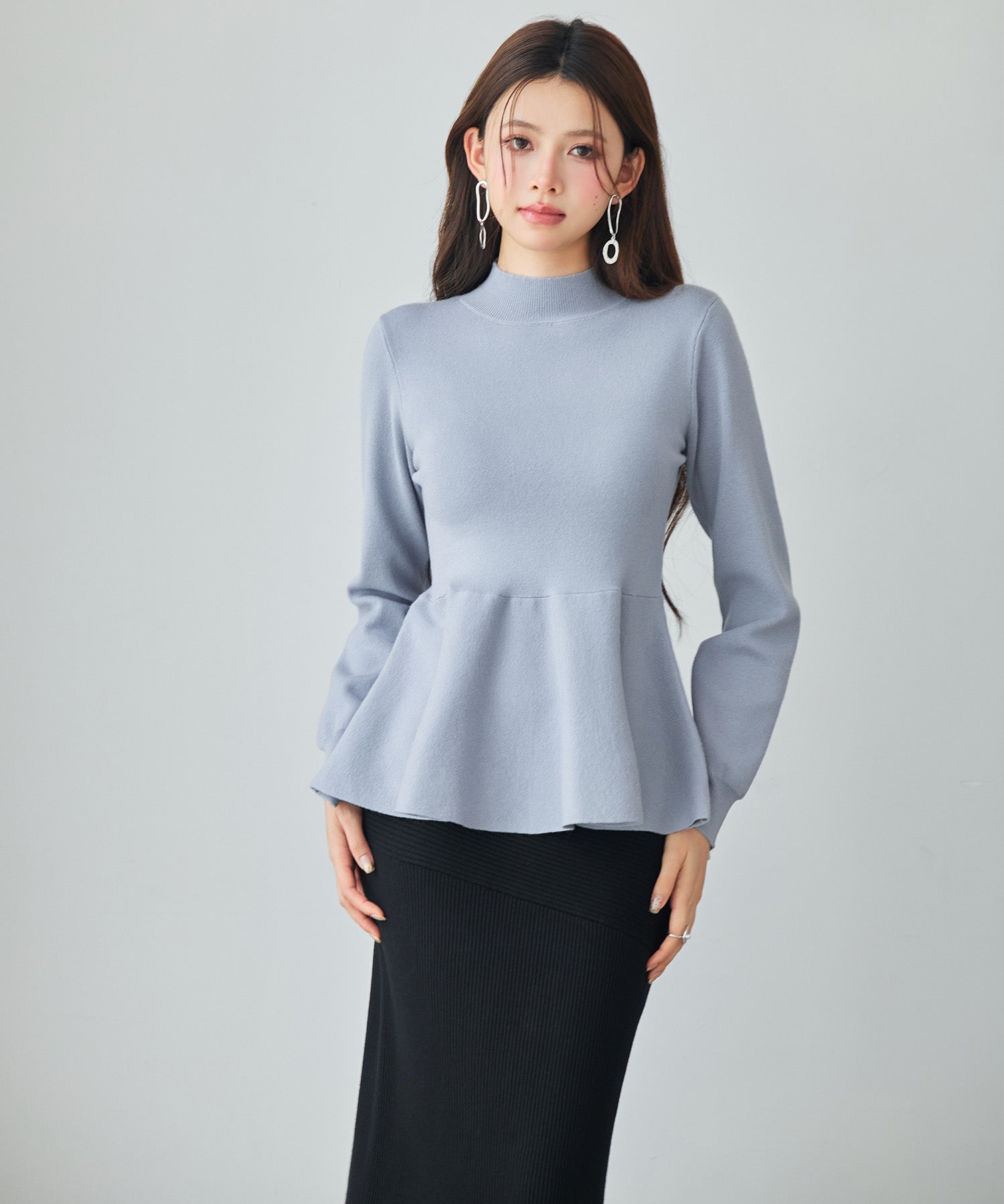 モックネックペプラムニットトップスsdp8066 ブルーグレー