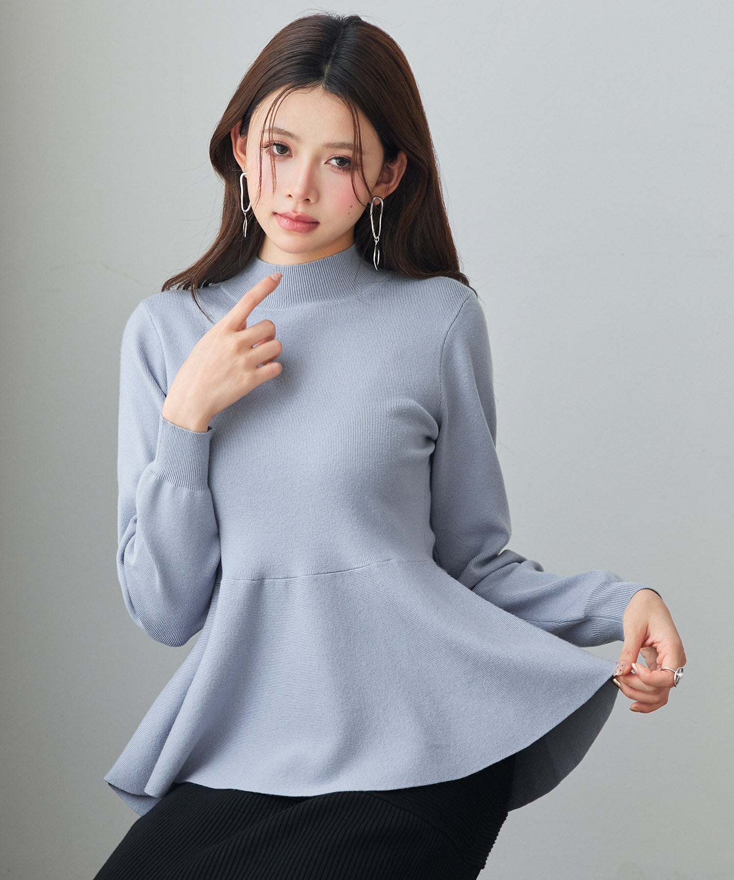 モックネックペプラムニットトップスsdp8066 ブルーグレー