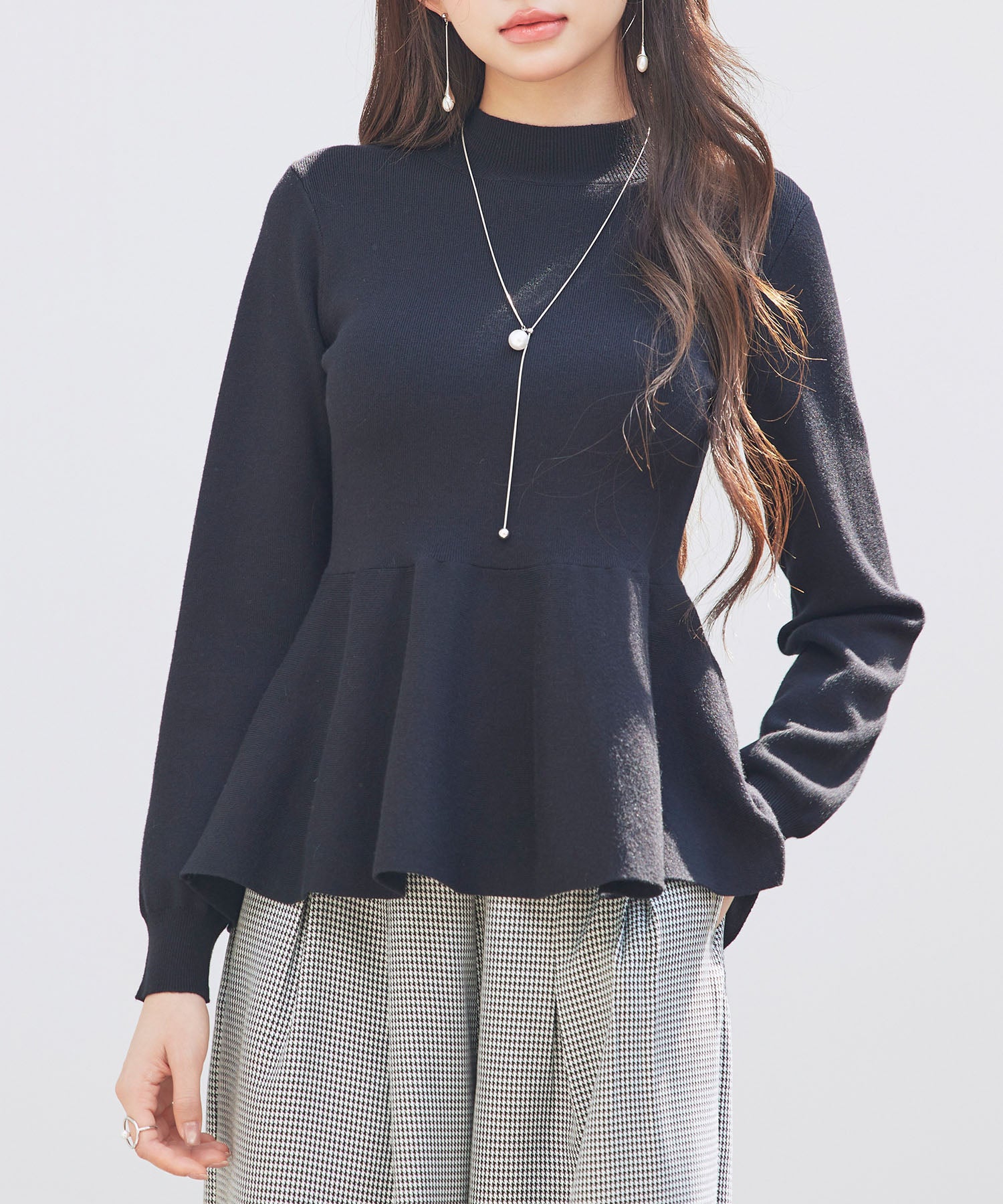 モックネックペプラムニットトップスsdp8066 ブラック