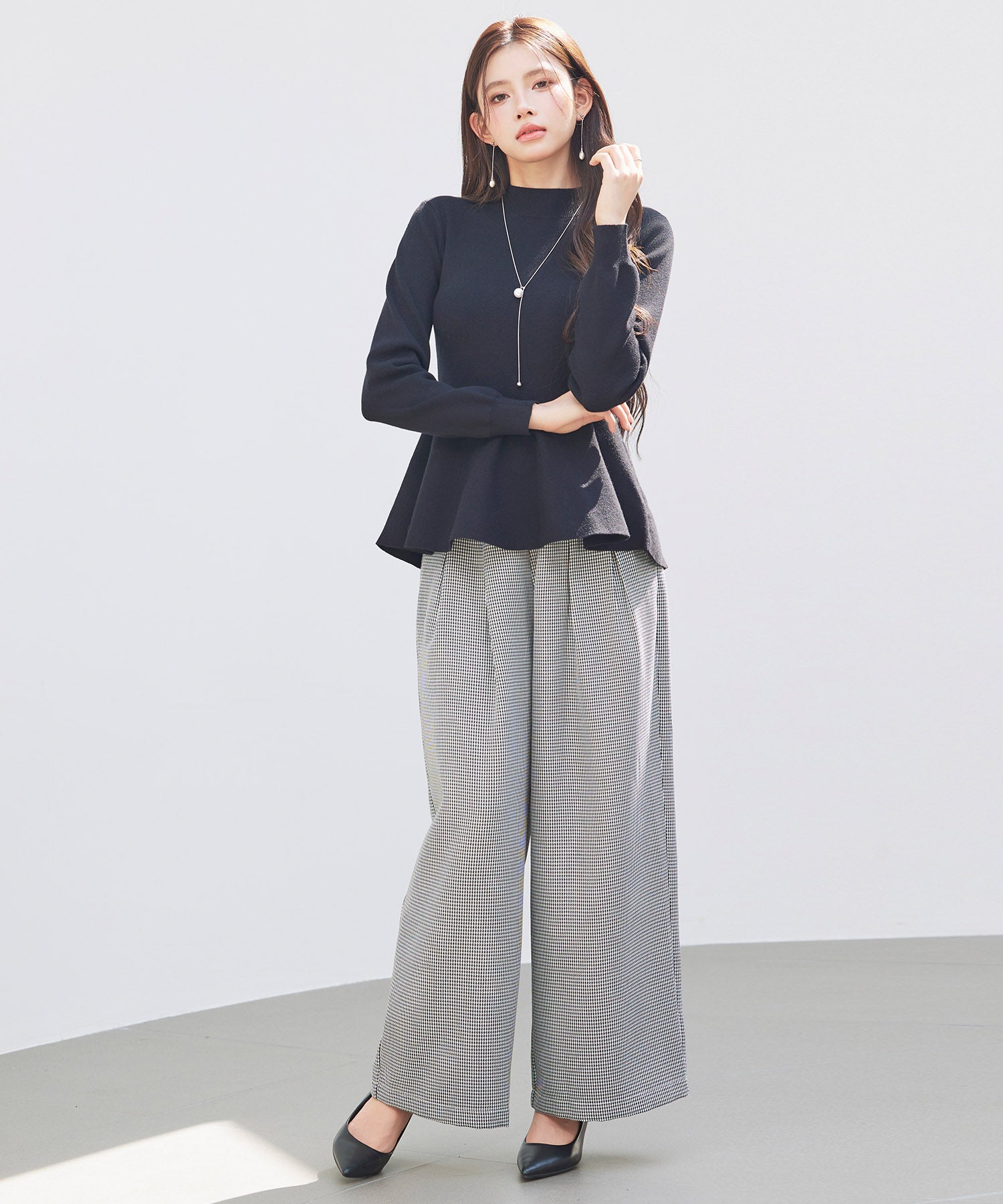 モックネックペプラムニットトップスsdp8066 ブラック