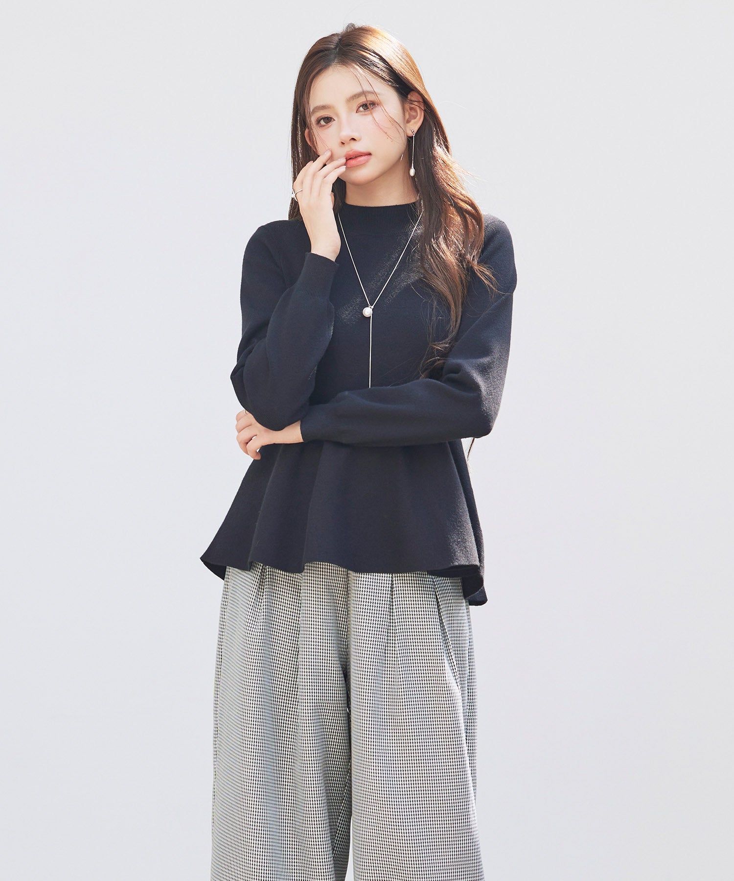 モックネックペプラムニットトップスsdp8066 ブラック