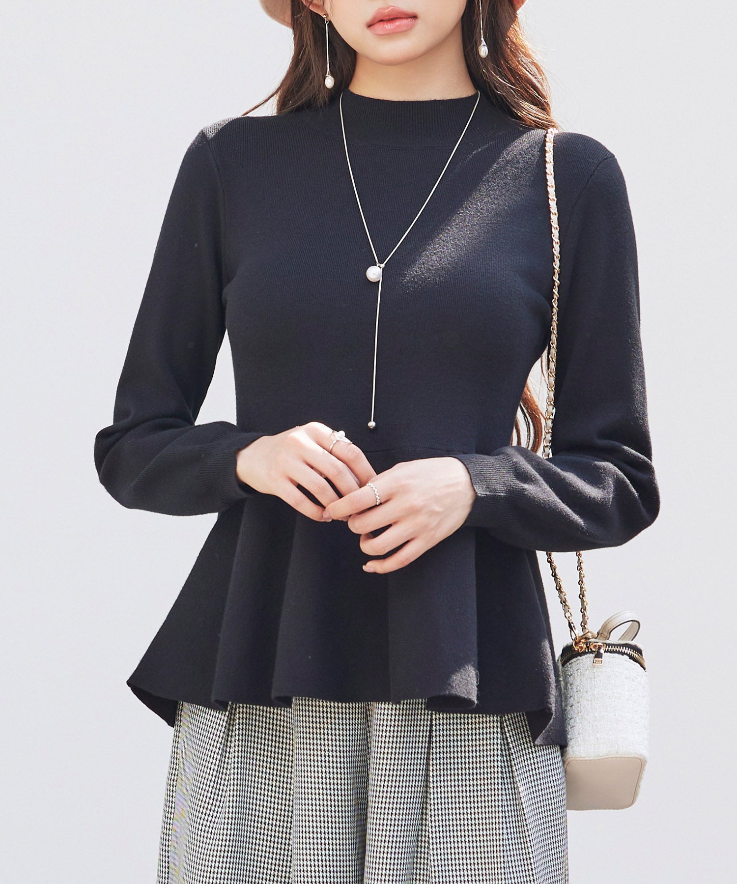 モックネックペプラムニットトップスsdp8066 ブラック