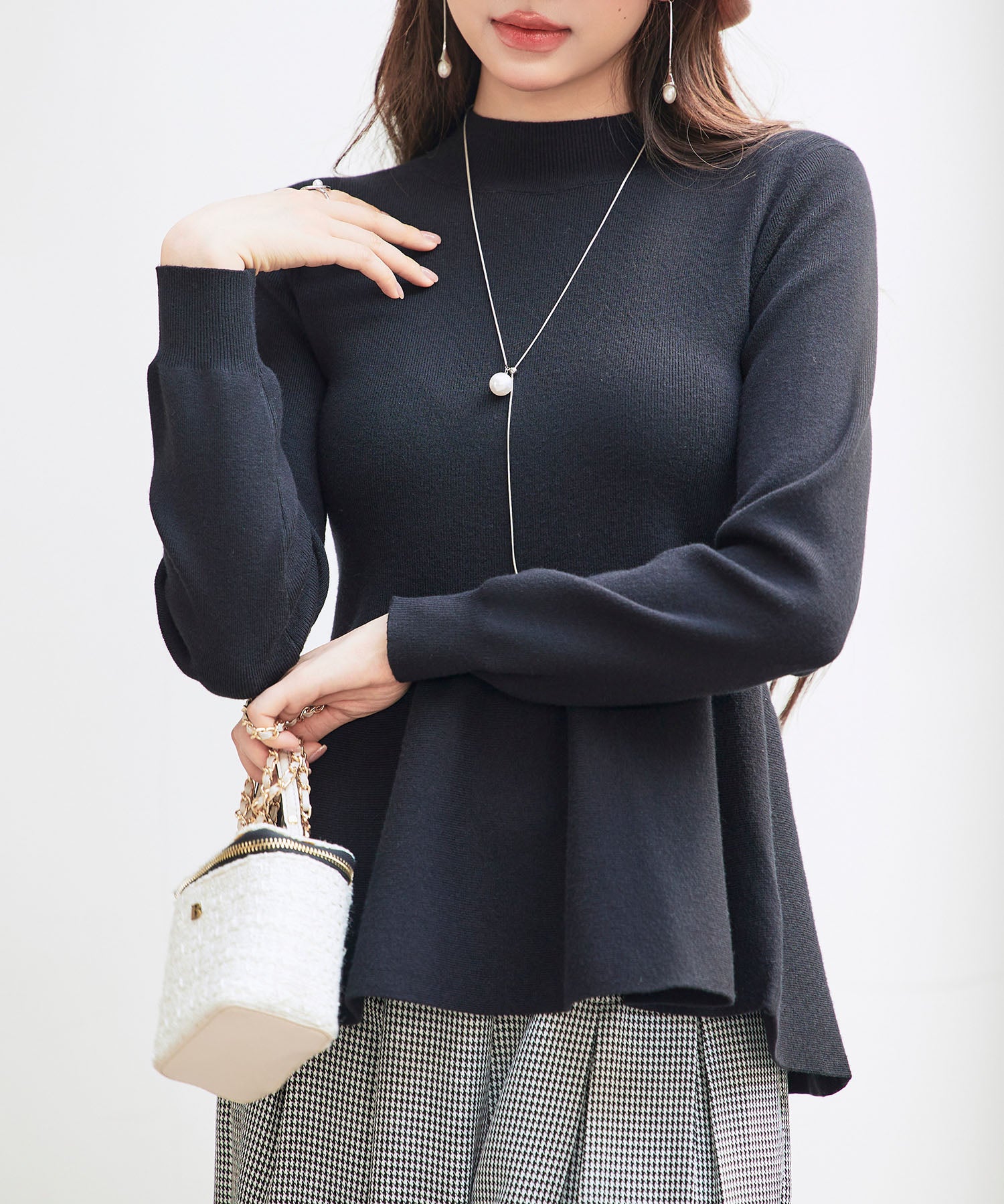 モックネックペプラムニットトップスsdp8066 ブラック