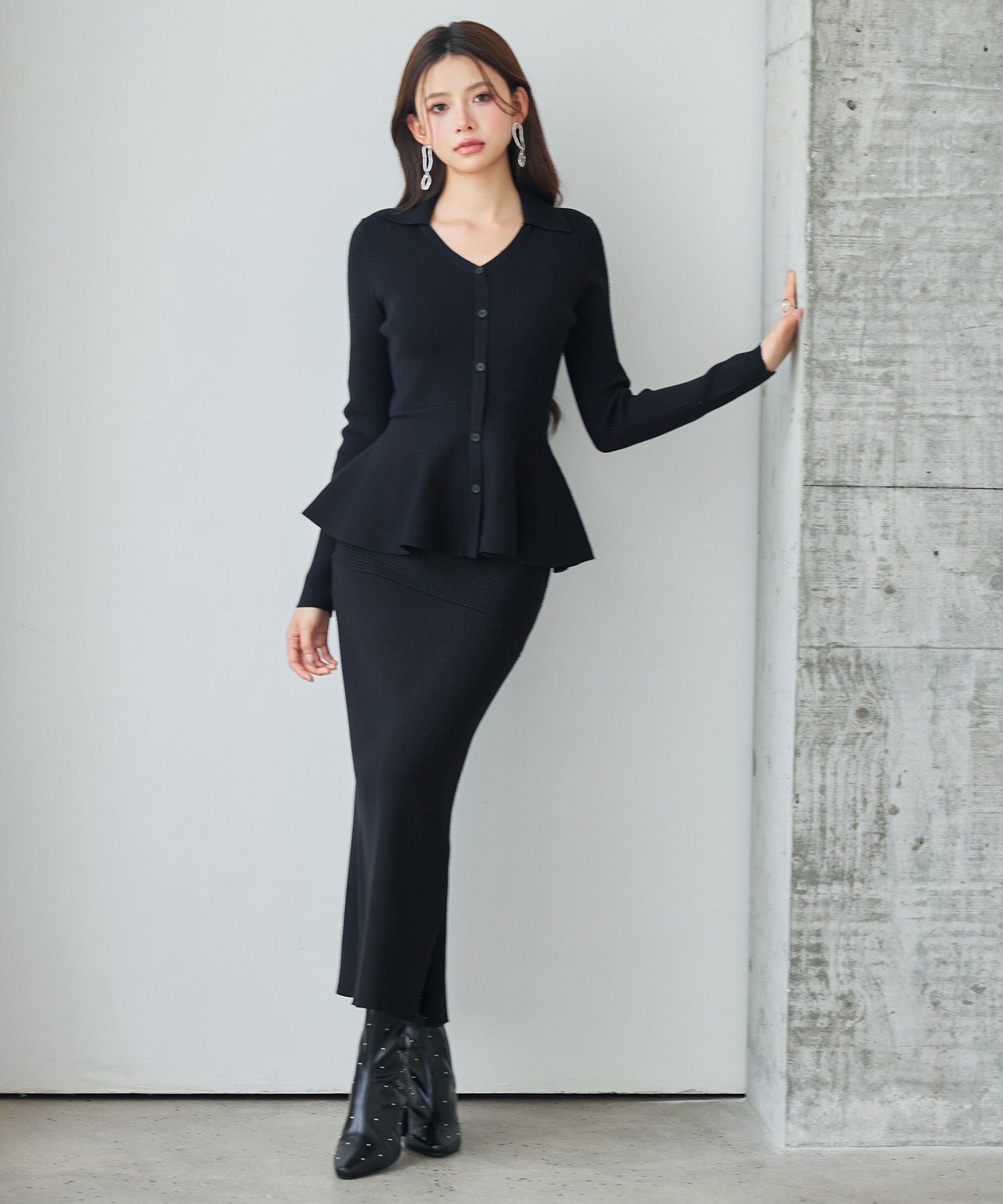 スキッパー・カラーペプラムニットトッブスsdp8067 ブラック