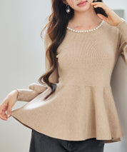 パール付きニットペプラムプルオーバーsdp8068 ベージュ