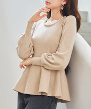 パール付きニットペプラムプルオーバーsdp8068 ベージュ