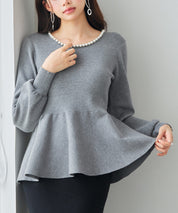 パール付きニットペプラムプルオーバーsdp8068 グレー