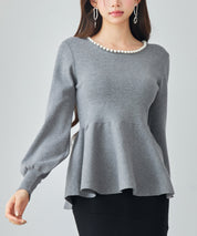 パール付きニットペプラムプルオーバーsdp8068 グレー