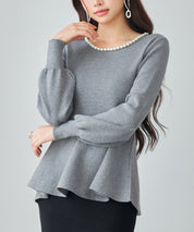 パール付きニットペプラムプルオーバーsdp8068 グレー