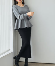 パール付きニットペプラムプルオーバーsdp8068 グレー