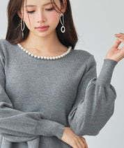 パール付きニットペプラムプルオーバーsdp8068 グレー