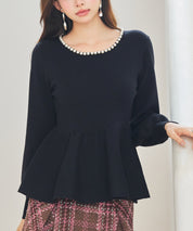 パール付きニットペプラムプルオーバーsdp8068 ブラック