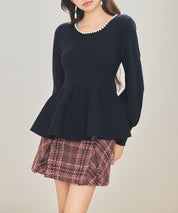 パール付きニットペプラムプルオーバーsdp8068 ブラック