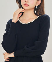 パール付きニットペプラムプルオーバーsdp8068 ブラック