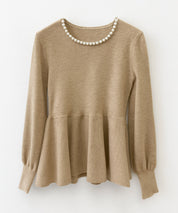 パール付きニットペプラムプルオーバーsdp8068 ベージュ