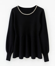 パール付きニットペプラムプルオーバーsdp8068 ブラック