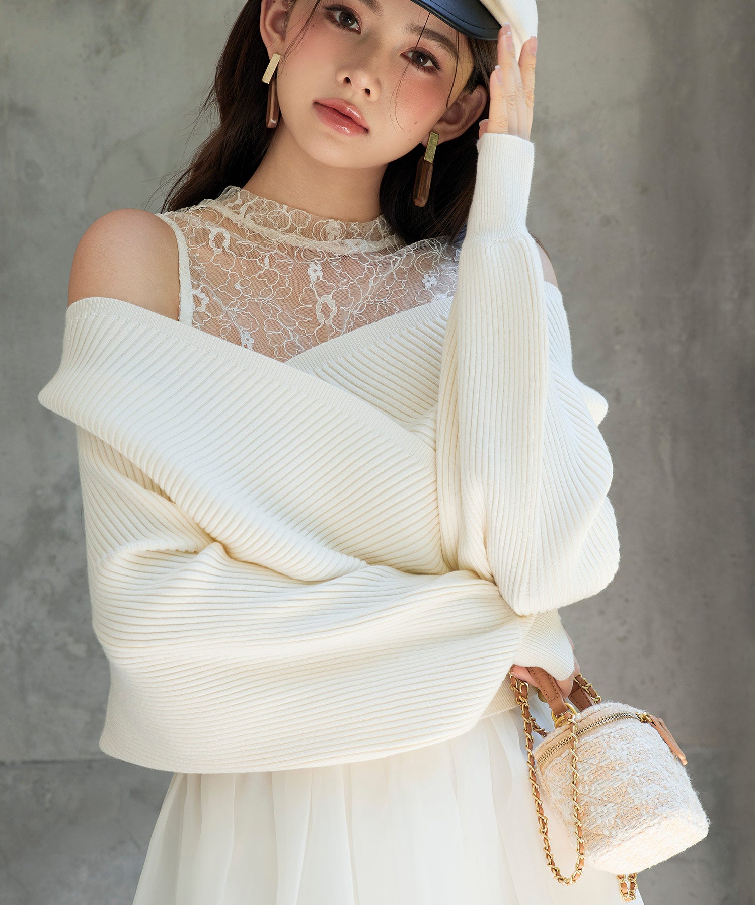 レースドッキングカシュクールニットプルオーバーsdp8072 アイボリー