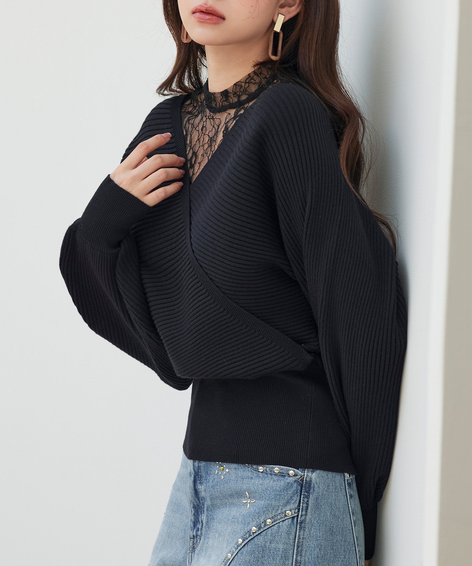 レースドッキングカシュクールニットプルオーバーsdp8072 ブラック