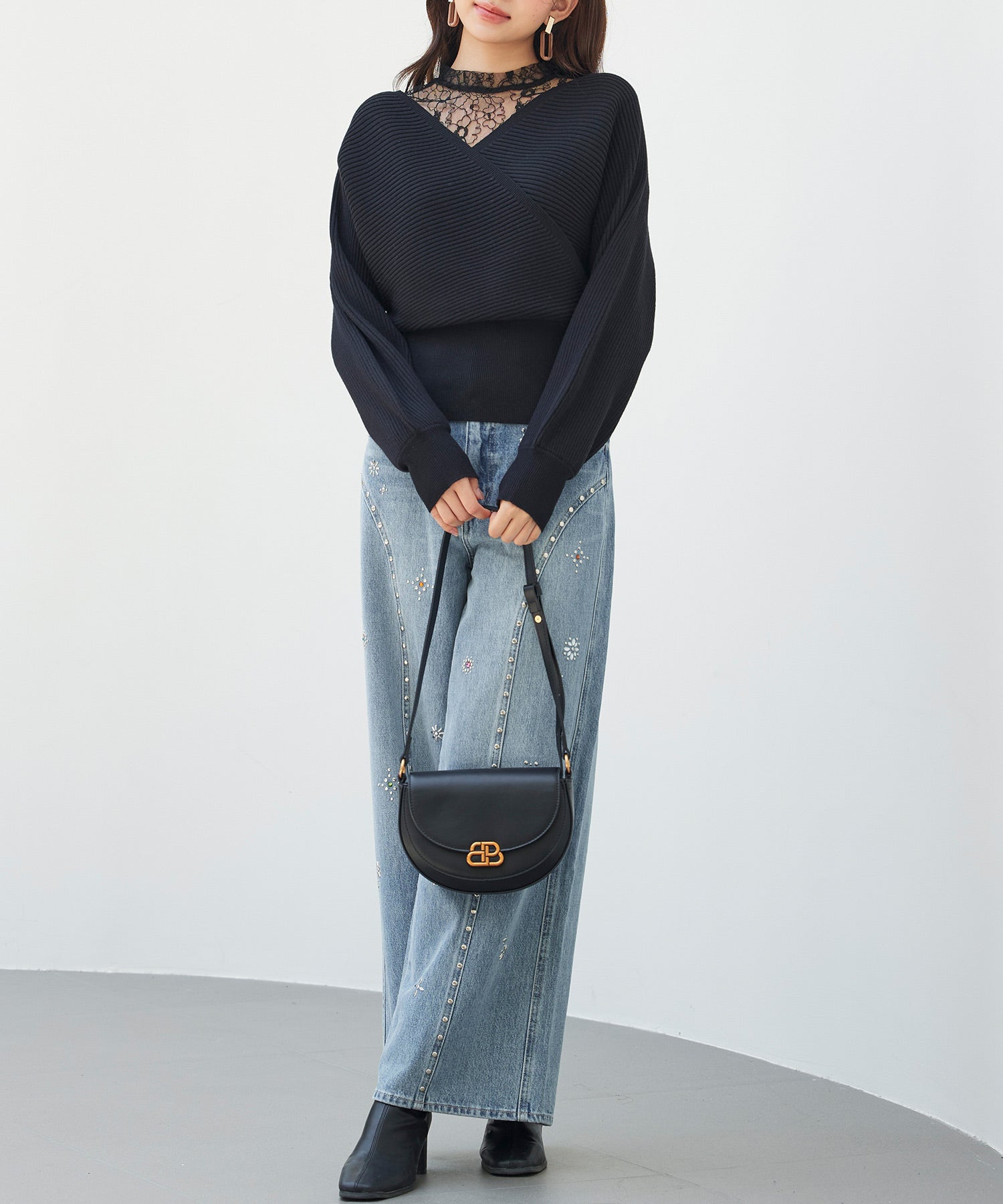 レースドッキングカシュクールニットプルオーバーsdp8072 ブラック