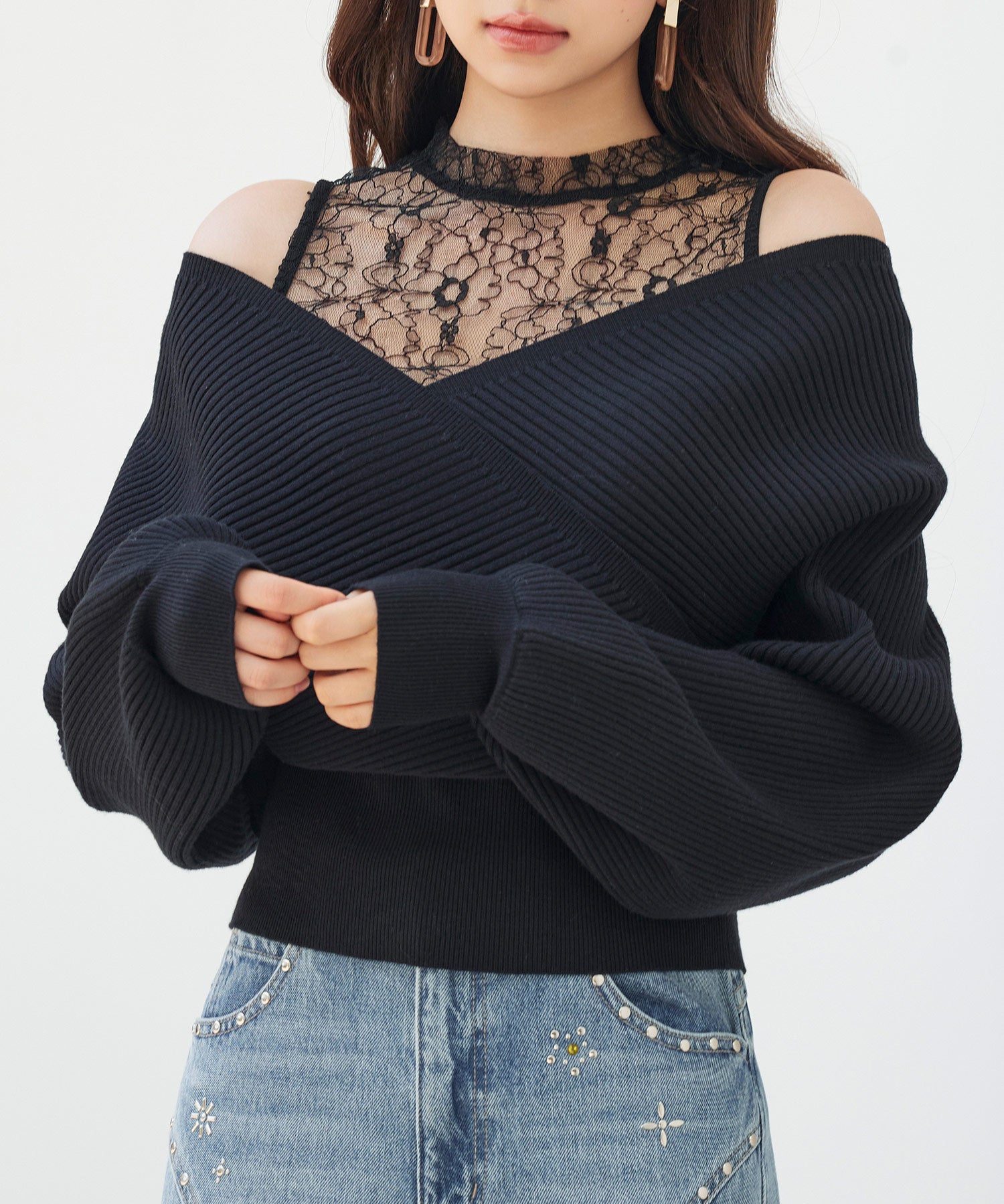 レースドッキングカシュクールニットプルオーバーsdp8072 ブラック