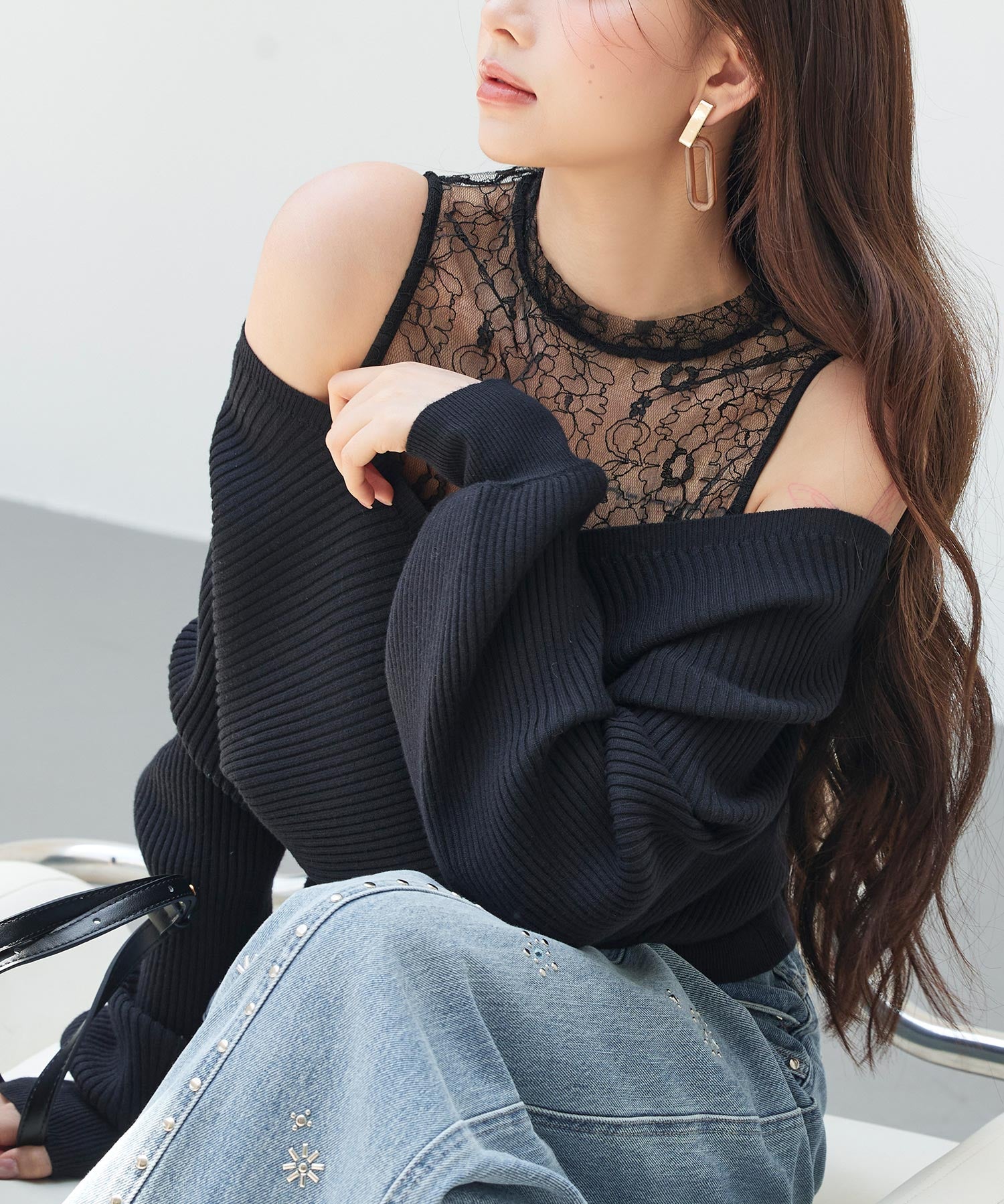 レースドッキングカシュクールニットプルオーバーsdp8072 ブラック