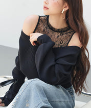 レースドッキングカシュクールニットプルオーバーsdp8072 ブラック