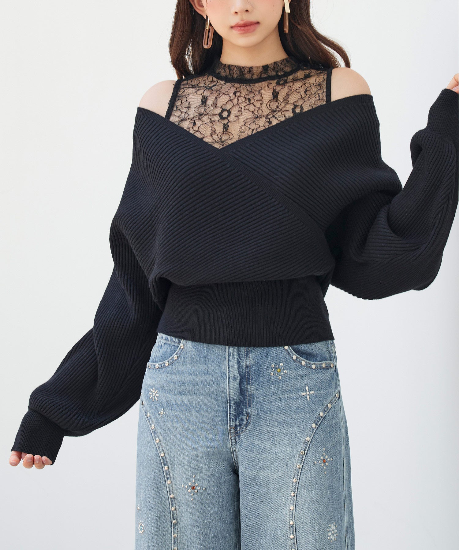 レースドッキングカシュクールニットプルオーバーsdp8072 ブラック