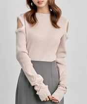 カットアウェイ・ショルダーボトルネックリブニットsdp8073 ピンクベージュ