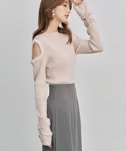 カットアウェイ・ショルダーボトルネックリブニットsdp8073 ピンクベージュ