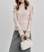 カットアウェイ・ショルダーボトルネックリブニットsdp8073 ピンクベージュ