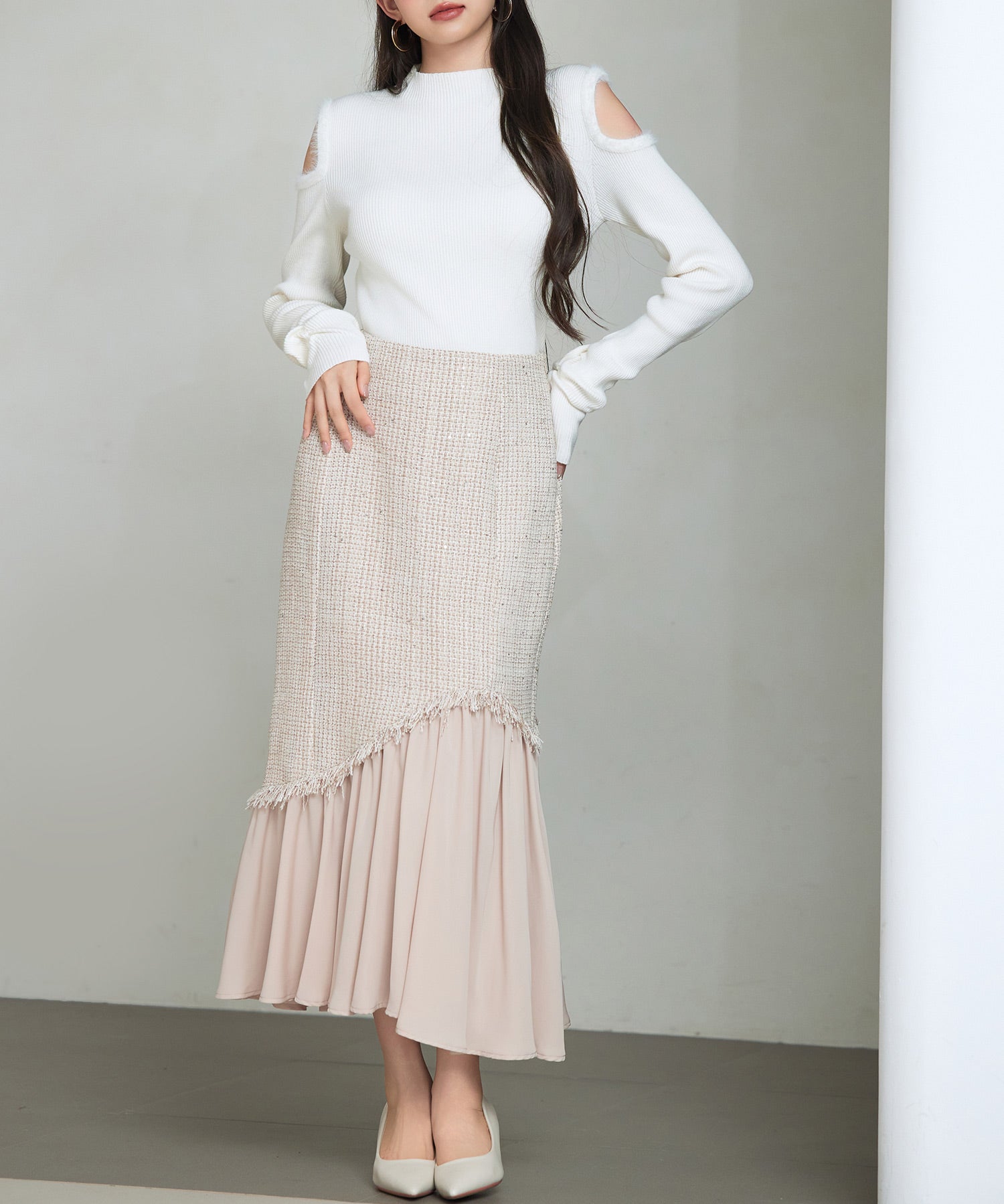 カットアウェイ・ショルダーボトルネックリブニットsdp8073 アイボリー