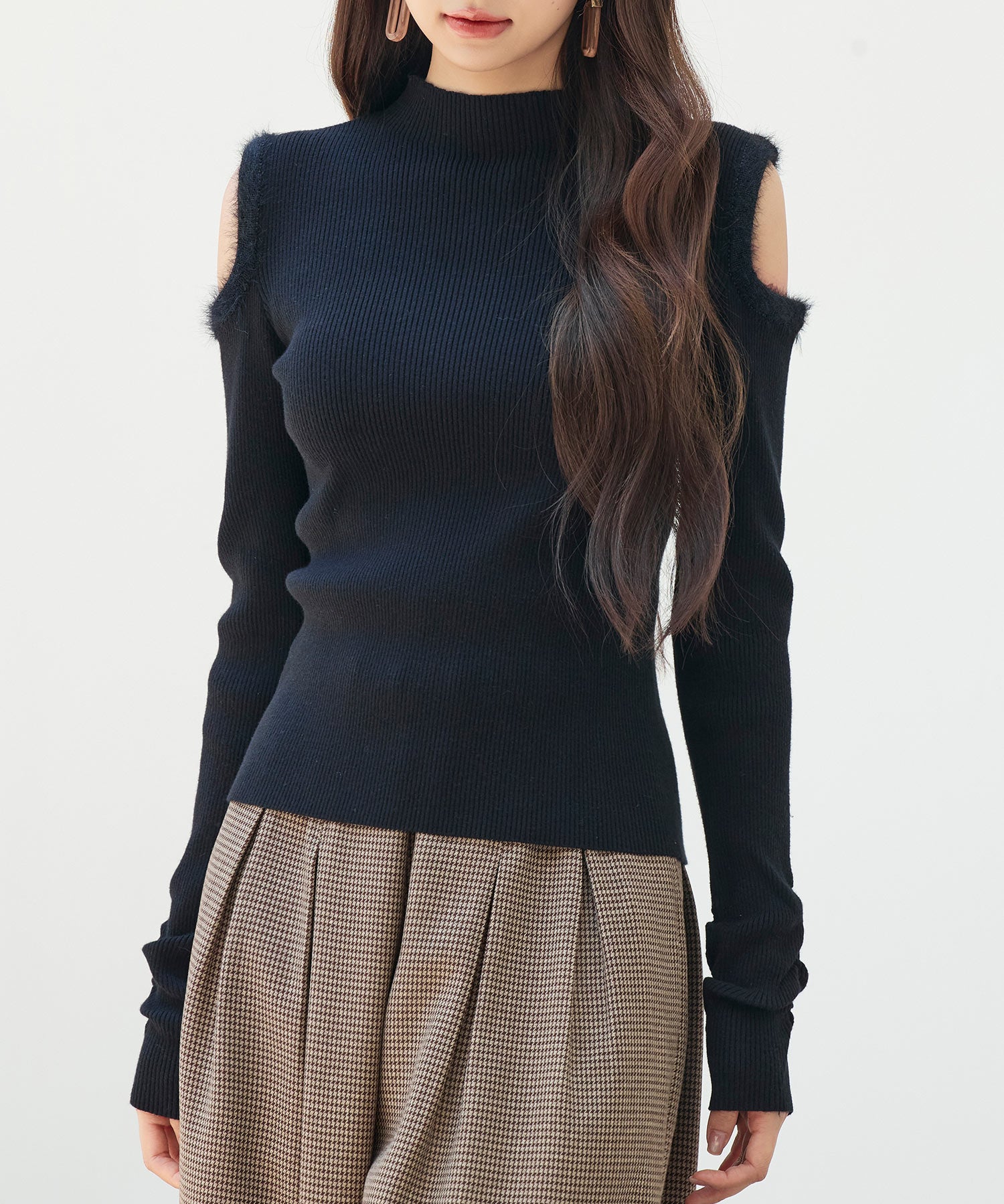 カットアウェイ・ショルダーボトルネックリブニットsdp8073 ブラック