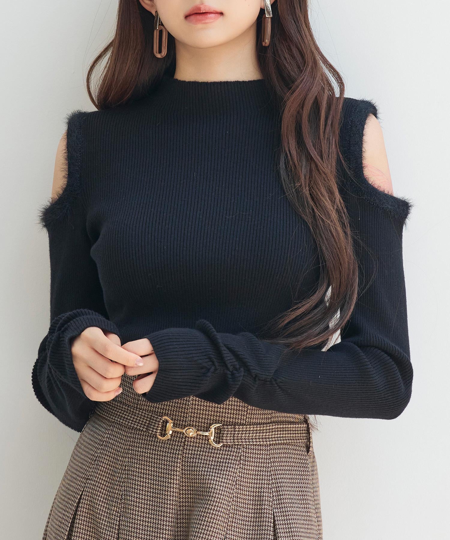 カットアウェイ・ショルダーボトルネックリブニットsdp8073 ブラック