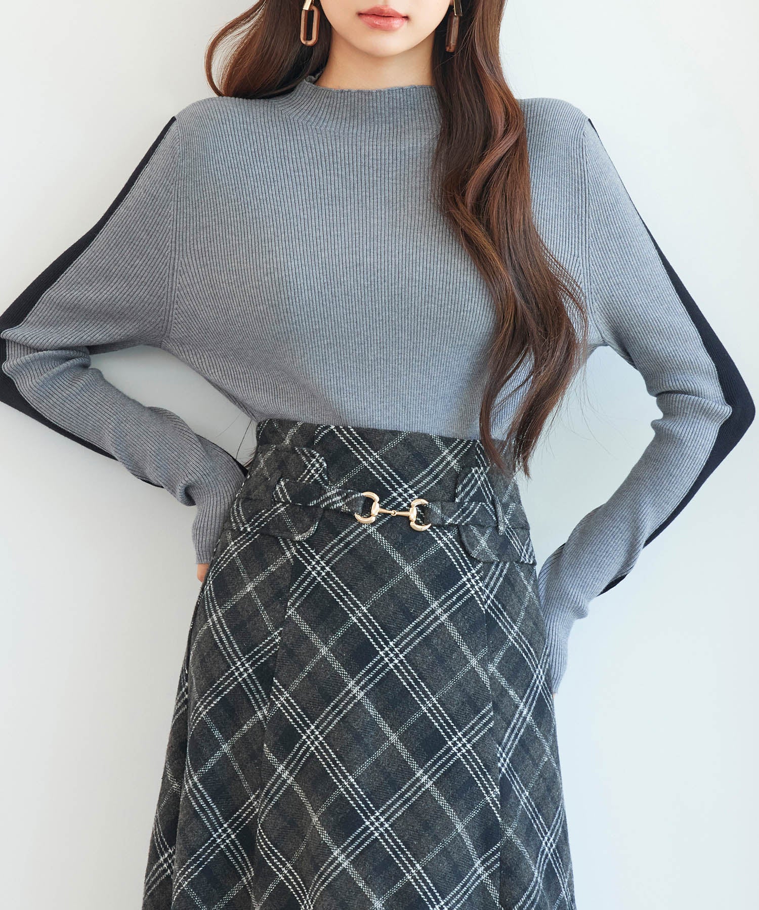 袖配色 ボトル・ネックリブニットプルオーバーsdp8075 グレー