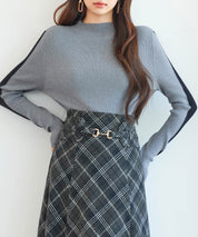 袖配色 ボトル・ネックリブニットプルオーバーsdp8075 グレー