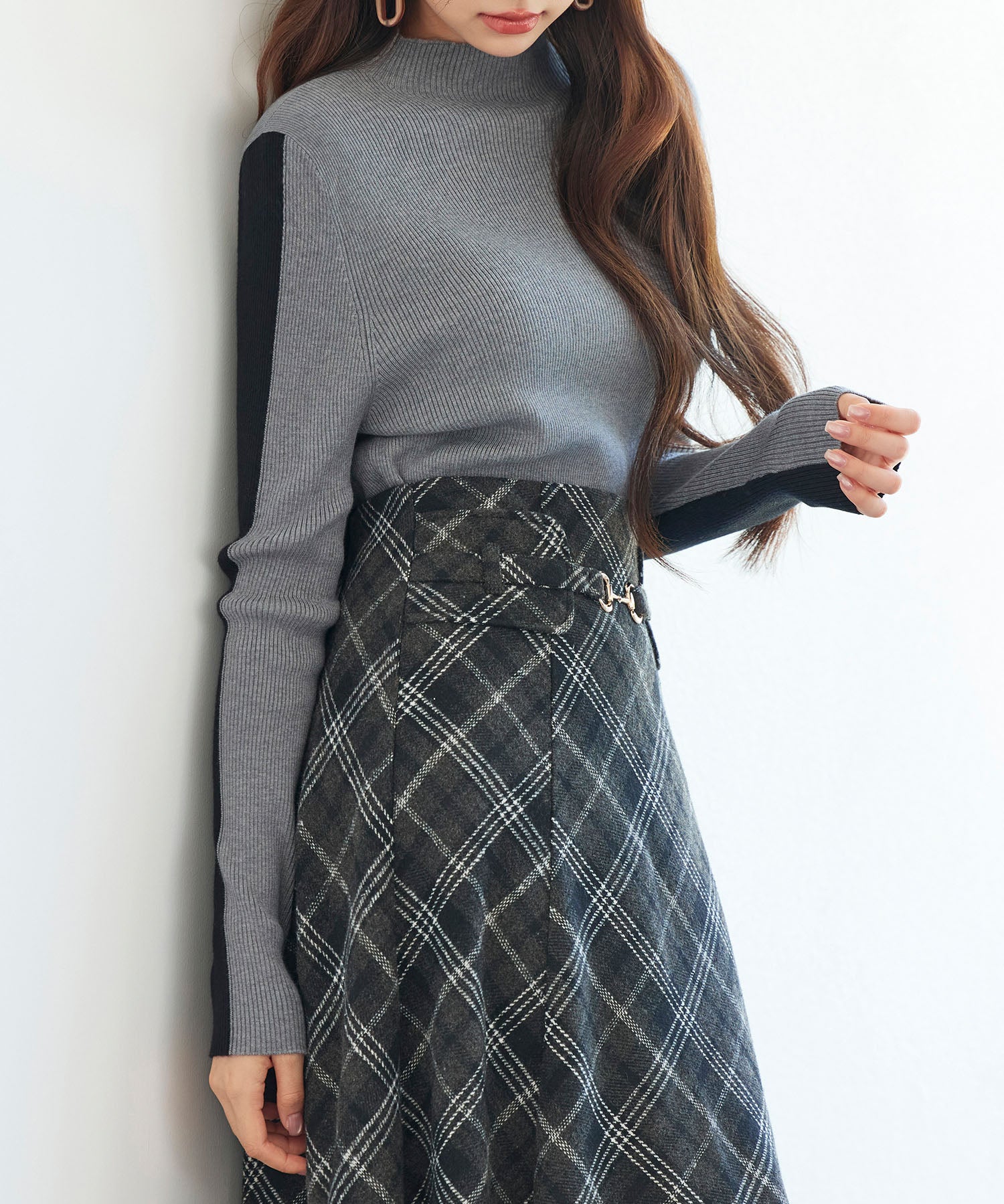 袖配色 ボトル・ネックリブニットプルオーバーsdp8075 グレー