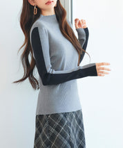 袖配色 ボトル・ネックリブニットプルオーバーsdp8075 グレー
