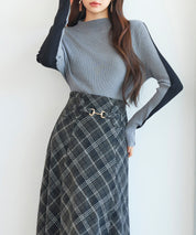 袖配色 ボトル・ネックリブニットプルオーバーsdp8075 グレー