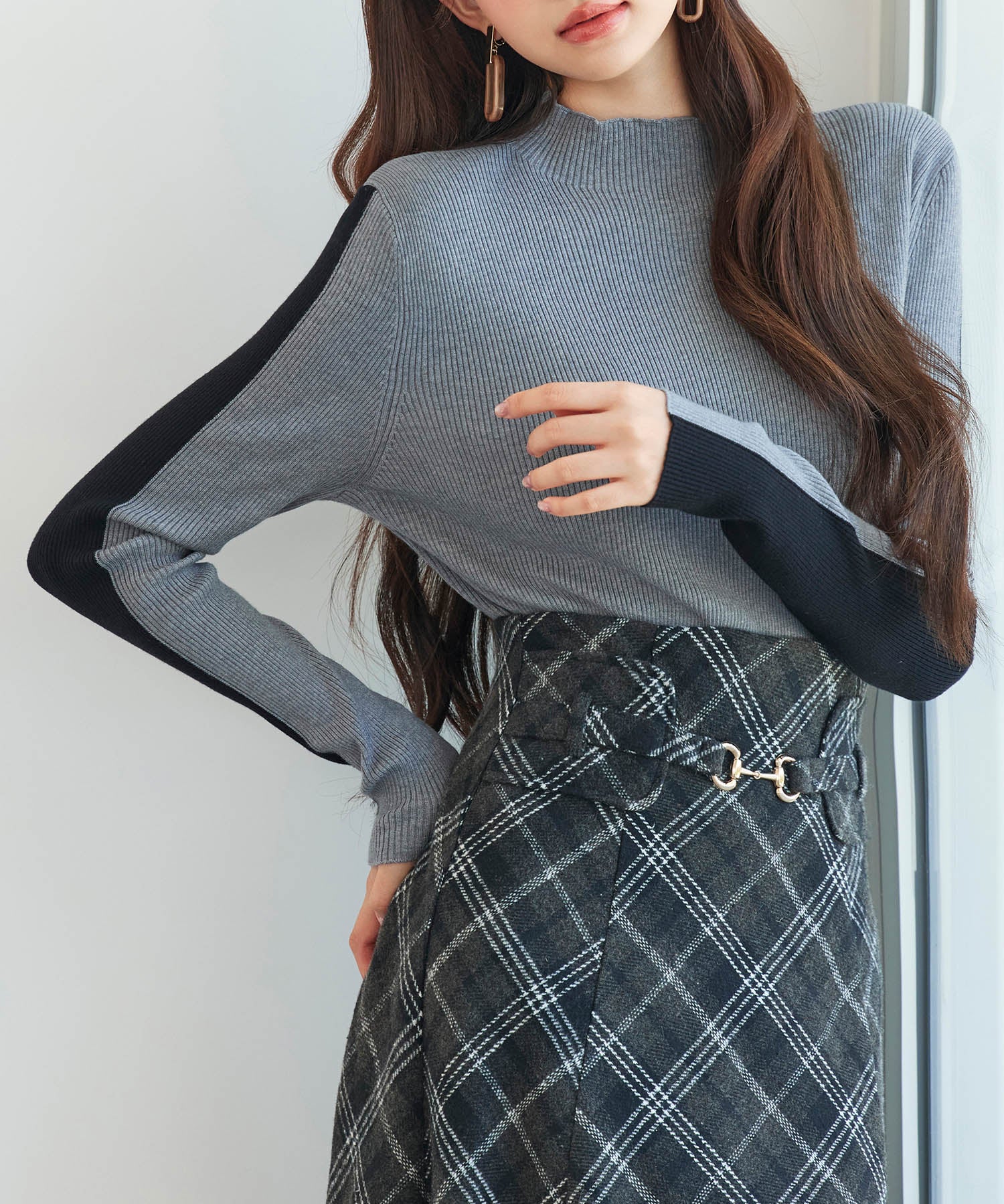 袖配色 ボトル・ネックリブニットプルオーバーsdp8075 グレー