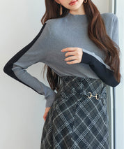 袖配色 ボトル・ネックリブニットプルオーバーsdp8075 グレー