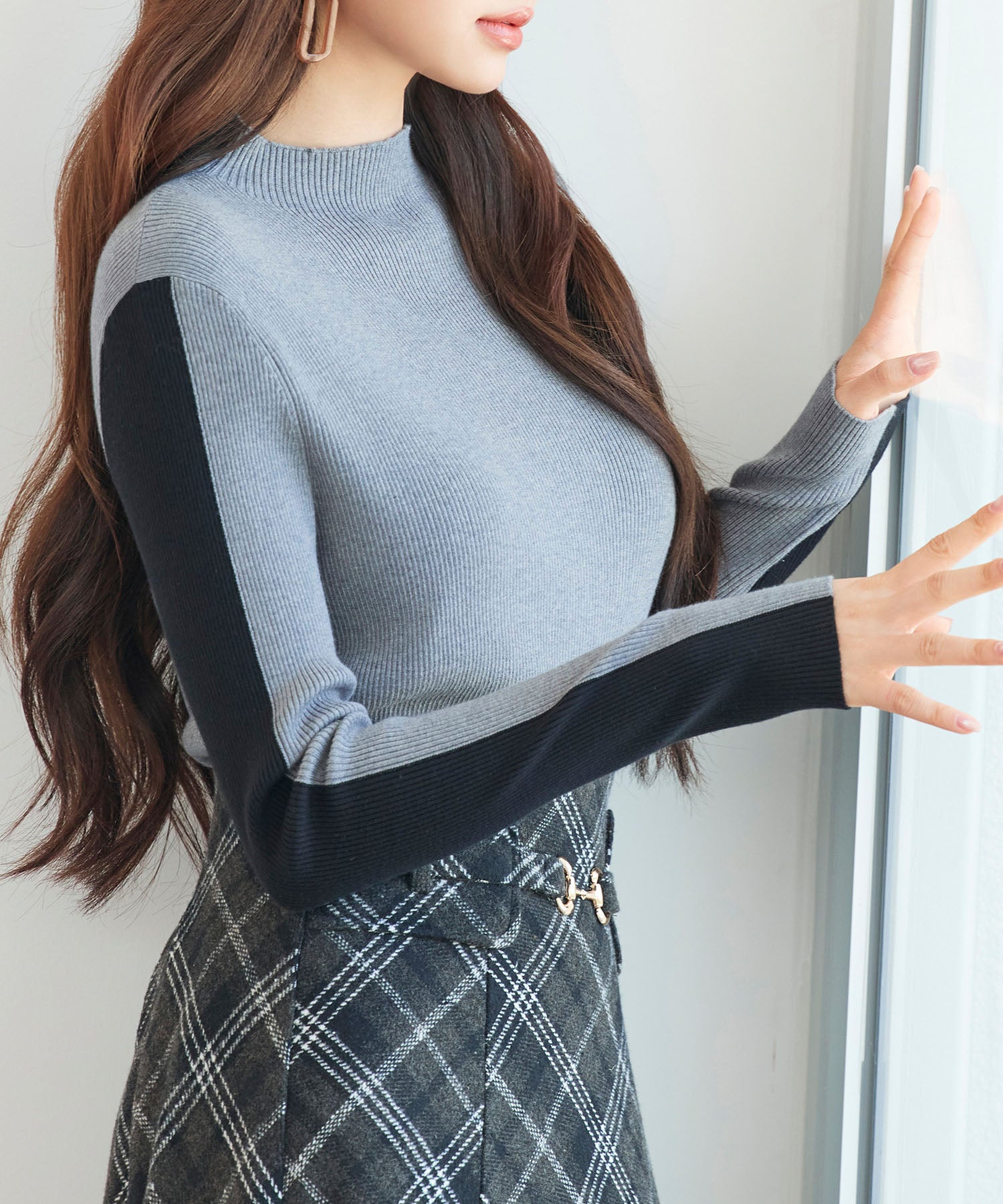 袖配色 ボトル・ネックリブニットプルオーバーsdp8075 グレー