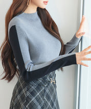 袖配色 ボトル・ネックリブニットプルオーバーsdp8075 グレー