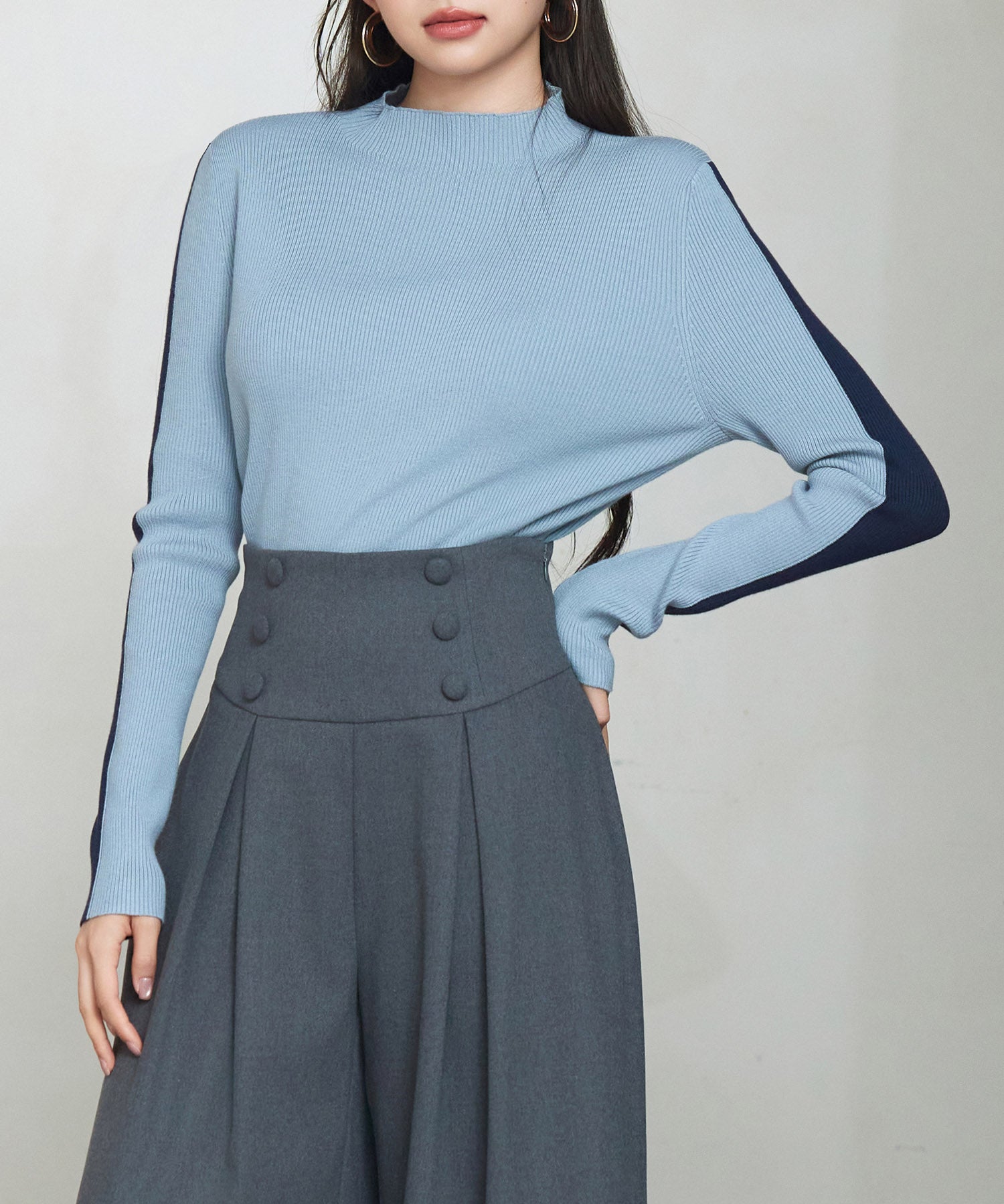 袖配色 ボトル・ネックリブニットプルオーバーsdp8075 ブルーグレー