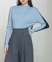 袖配色 ボトル・ネックリブニットプルオーバーsdp8075 ブルーグレー