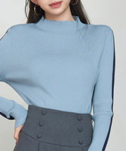 袖配色 ボトル・ネックリブニットプルオーバーsdp8075 ブルーグレー